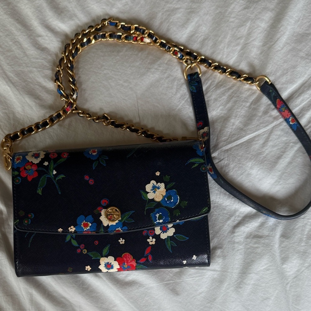 Tory Burch Navy Floral Crossbody Bag with Gold Chain